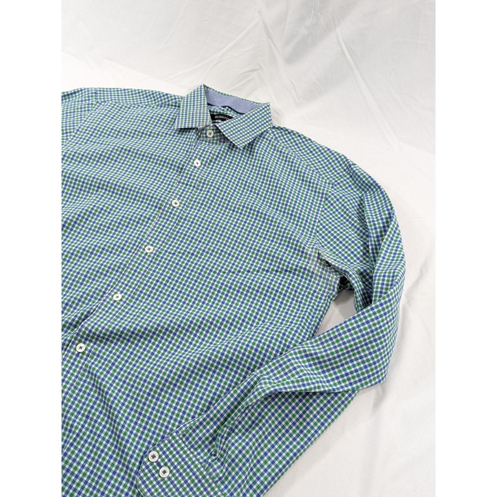 Bugatchi Mens Shirt Green Blue Medium Stretch Nylon Plaid Shaped Fit Flip Cuff